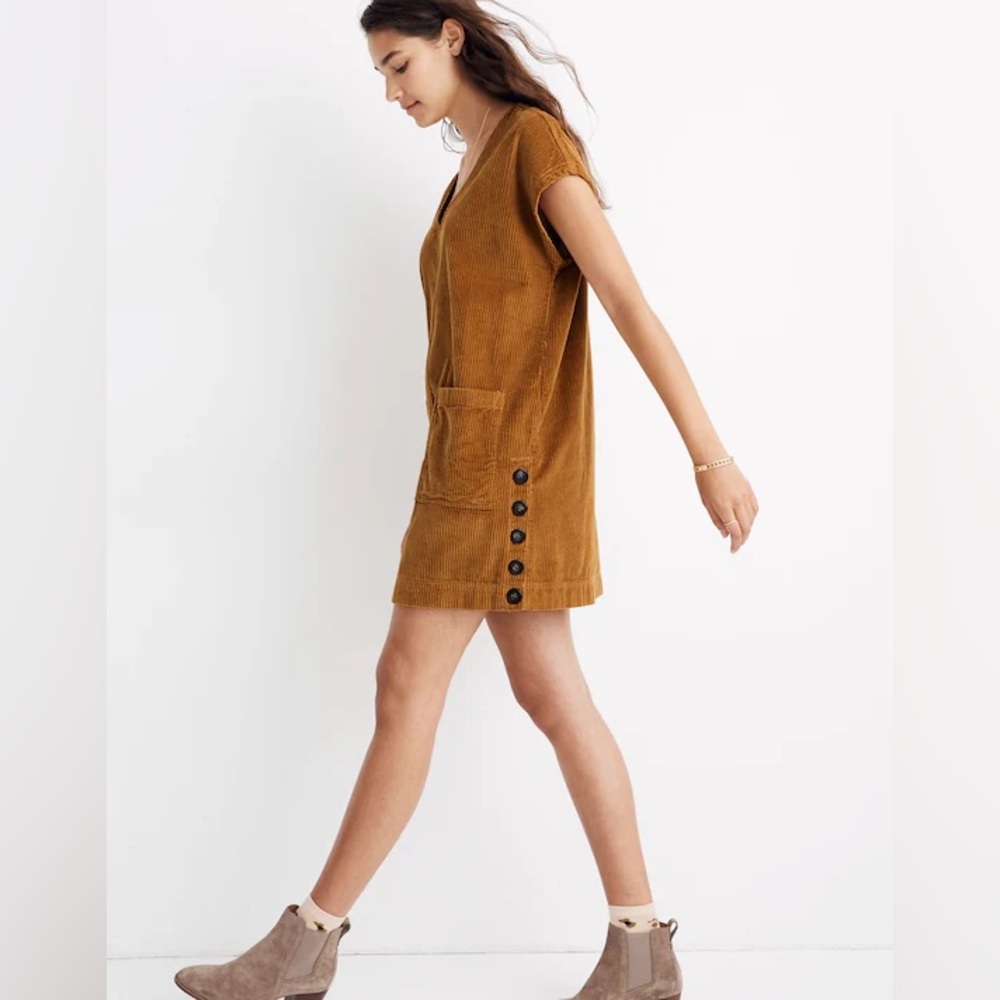 Madewell Corduroy Side-Button Shift Dress Mini Sleeveless Antique Gold Size S - Picture 11 of 11